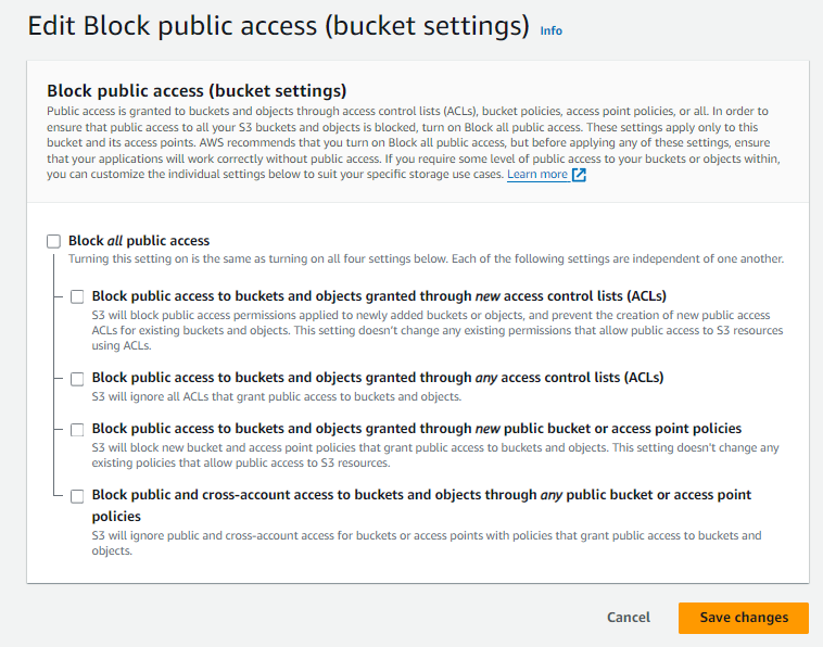 Settings Page for Public Bucket
