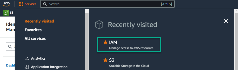 AWS Services Menu - Selecting IAM