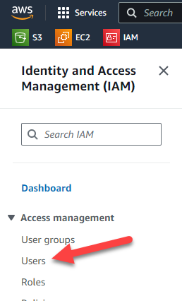 AWS Services Menu - Users in IAM