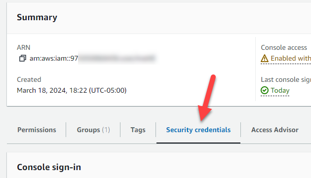 AWS Users Security Credentials Menu